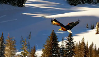 TANGO, bird over snowy forest, 1–4 seconds