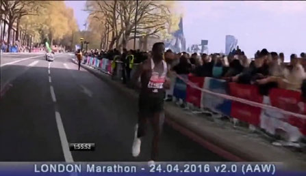 Input image: marathon leader on a sunlit London street