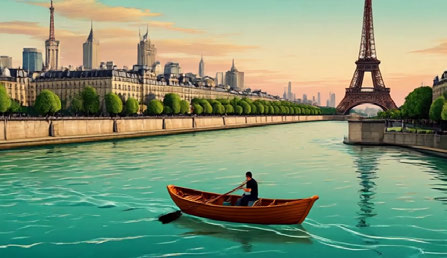 Ukiyo-style boat on the Seine, frame at 1–2 seconds