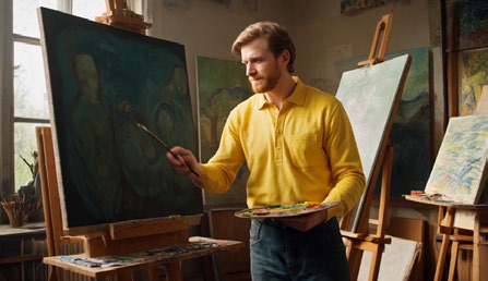 Van Gogh painting in a room, frame at 1–2 seconds